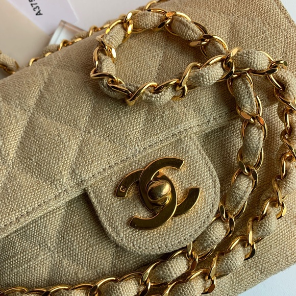 Very RARE CHANEL Vegan Vintage Quilted Beige Raffia Hemp Exterior 24k Gold ⭐️Bag - Picture 1 of 16